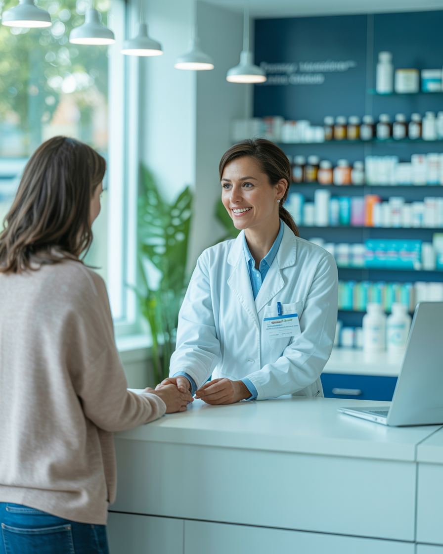 Professional pharmacist consulting with customer at Care Chemist