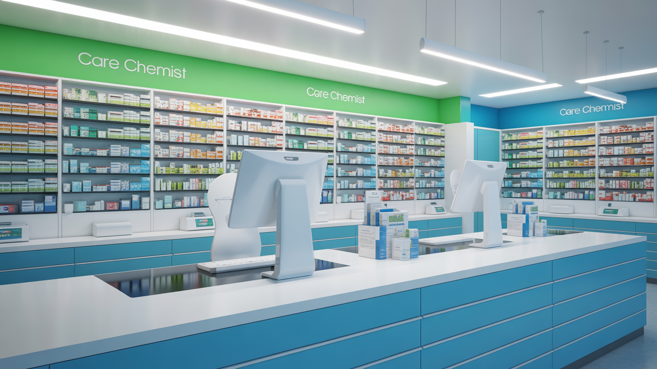 Modern pharmacy workspace with advanced technology